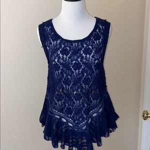 Free People Blue Sheer Lace Peplum Tank